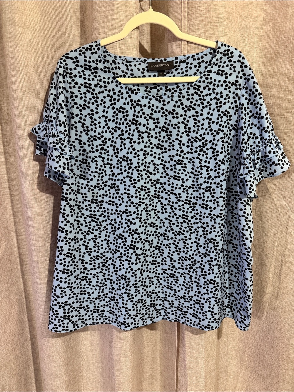Lane Bryant Light Blue Black Spotted Ruffle Sleeve Top